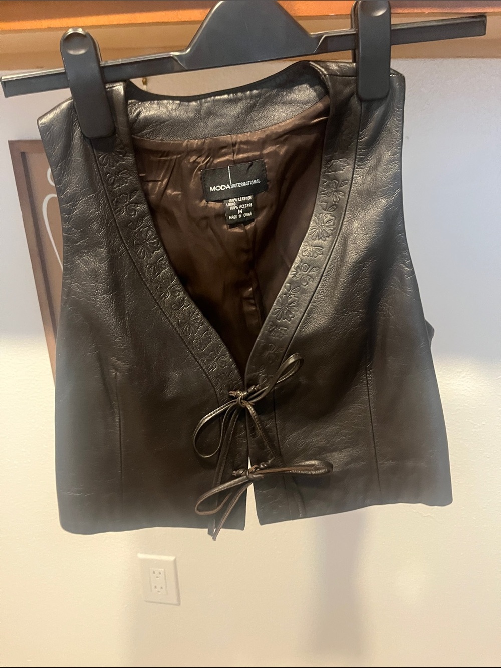 Moda International Black Leather Lace-Up Vest with Floral Trim Y2K